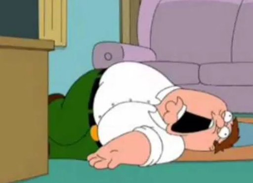 An animated cartoon character, a heavyset man wearing sunglasses and a green shirt, lying on the floor while yelling in distress.