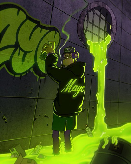 An animated illustration of a character in a black 'Mayo' hoodie and cap spray-painting green graffiti while pouring green paint from a can near a prison grate.