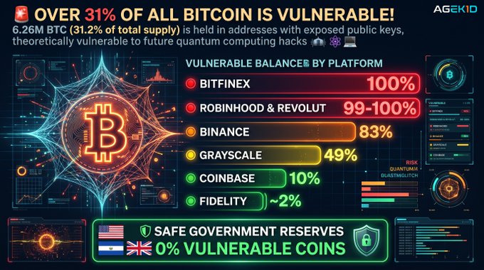 An infographic from AGEKID titled 'OVER 31% OF ALL BITCOIN IS VULNERABLE!' shows 6.26M BTC held in addresses with exposed public keys, listing vulnerable balances by platform: Bitfinex (100%), Robinhood & Revolut (99-100%), Binance (83%), Grayscale (49%), Coinbase (10%), and Fidelity (~2%), noting that 'SAFE GOVERNMENT RESERVES' have 0% vulnerable coins.