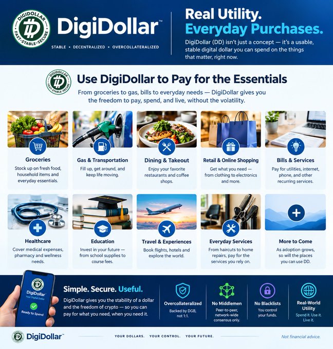 An infographic for 'DigiDollar' (DD) describing its use for everyday purchases like groceries, gas, dining, retail, and healthcare.