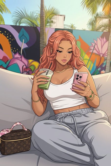 A digital illustration depicts a young woman with long pink hair sitting on a couch, holding a green drink and a pink smartphone, with a Louis Vuitton-patterned bag beside her.