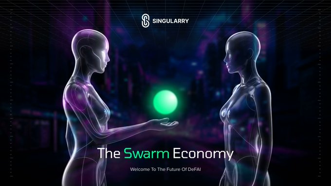 A digital artwork for "SINGULARITY" featuring two futuristic metallic humanoid figures, one holding a glowing green sphere, with the text "The Swarm Economy" and "Welcome To The Future Of DeFAI."
