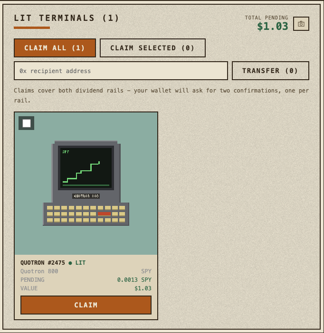 A digital interface for 'LIT TERMINALS (1)' showing a 'CLAIM ALL (1)' button, a total pending value of $1.03, and a pixel art image of a vintage computer labeled 'QUOTRON #2475' displaying SPY stock data with a 'CLAIM' button.