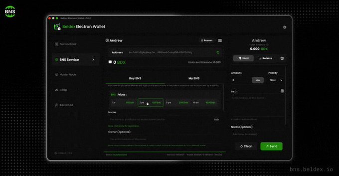 A screenshot of a 'Beldex Electron Wallet v1.0.2' interface displayed in dark mode, showing the BNS Service page with options to buy BNS domains, with the BNS logo visible in the top left.