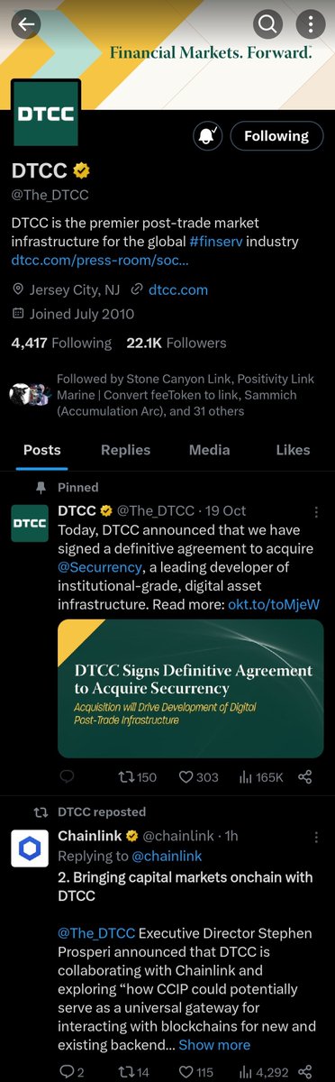A screenshot of the DTCC (@The_DTCC) X (formerly Twitter) profile on its mobile app, showing their pinned post announcing a definitive agreement to acquire @Securrency and a reposted Chainlink tweet about bringing capital markets onchain.