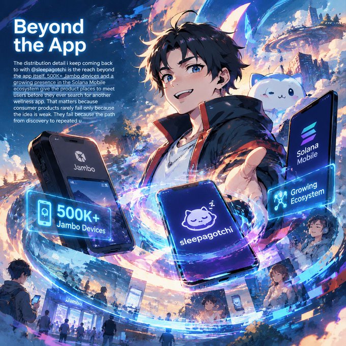 An anime-style promotional graphic titled "Beyond the App" featuring an anime character with smartphones displaying "Jambo" (500K+ Jambo Devices), "sleepagotchi," and "Solana Mobile" against a vibrant fantasy cityscape.