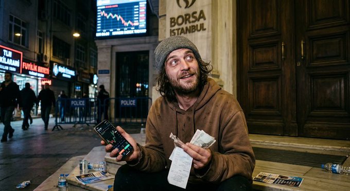 A man sits on the street outside Borsa Istanbul holding cash and a phone showing market charts, while a stock ticker displays in the background—capturing the desperation of citizens turning to volatile markets amid Turkey's 45% interest rates and rising alt-coin speculation.