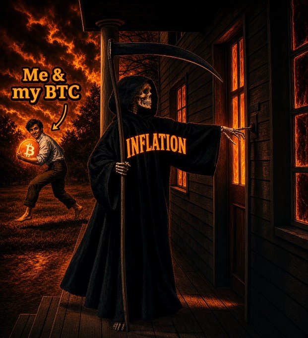 A dark, fiery meme depicting a grim reaper figure wearing a cloak labeled "INFLATION" holding a scythe, with a smaller figure labeled "Me & my BTC" running away holding a Bitcoin symbol.