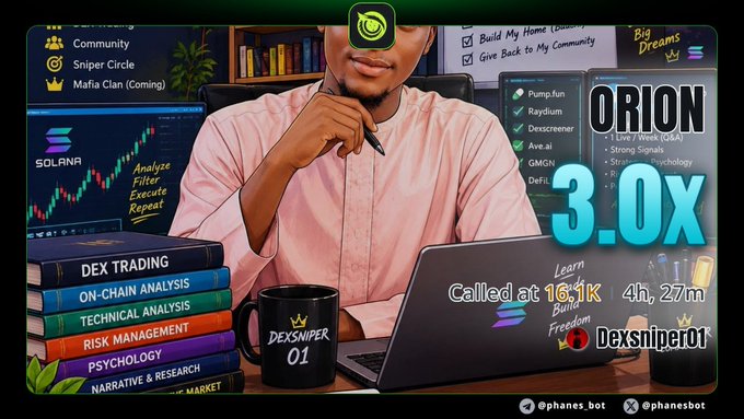 A promotional graphic featuring a man at a laptop surrounded by text about crypto trading, including 'ORION 3.0X', 'DEXSNIPER 01', and the handle 'Dexsniper01'.