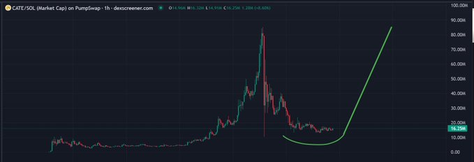 A candlestick chart of CATE/SOL on PumpSwap shows a price recovery from a floor around 16.75M, with a hand-drawn green line tracing a rounded bottom and projecting a steep rally upward to roughly 90M, visually reinforcing the post's claim that $CATE is bottoming and poised for a major memecoin breakout.