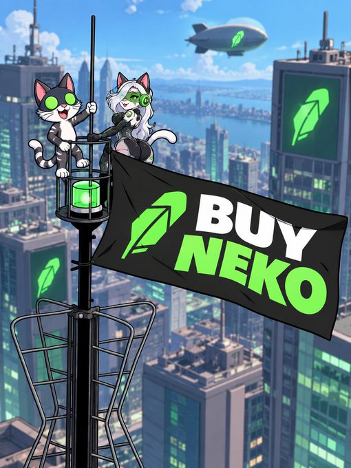 Digital illustration of two anime-style cat characters on a tower with a black flag reading 'BUY NEKO' in green and white text, set against a futuristic cityscape with a blimp overhead.