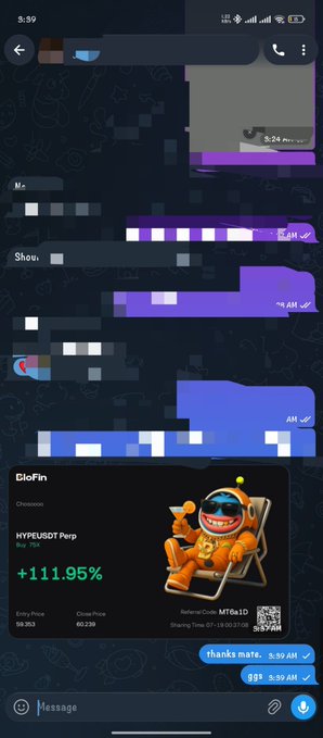 A mobile chat interface in dark mode shows blurred messages with a 'GloFin' promotion card displaying 'HYPEUSDT Perp +111.95%' featuring an astronaut mascot.