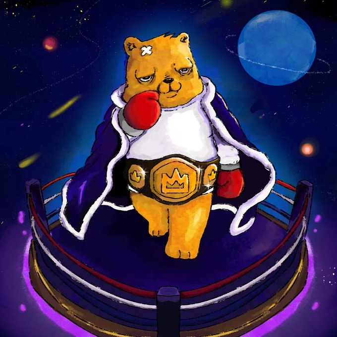 A cartoonish yellow bear boxer with a championship belt, red gloves, and a purple robe stands in a cosmic boxing ring against a starry background with planets.