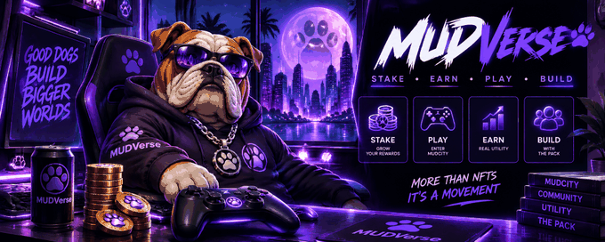 A cartoon bulldog wearing sunglasses and a 'MUDVERSE' hoodie sits in front of a gaming setup, promoting the platform with the slogan 'STAKE • EARN • PLAY • BUILD' and 'GOOD DOGS BUILD BIGGER WORDS.'