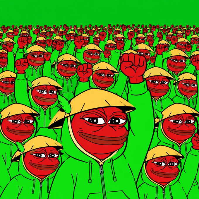 A digital illustration of a large crowd of identical red-faced characters wearing yellow hats and green hoodies, all raising their fists against a bright green background.