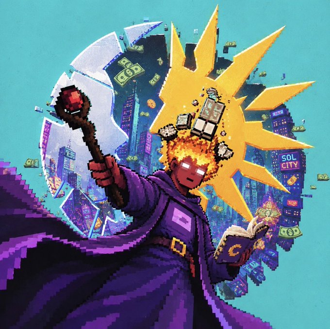A pixel-art wizard with a blazing yellow aura casts a spell over the "SOL CITY" skyline, scattering dollar bills, gem dice, and a book of liquidity as his weapon shatters reality around him—visually embodying the post's pitch that Solcity NFTs simply airdrop real liquidity into holders' wallets each quarter, with no hype required.