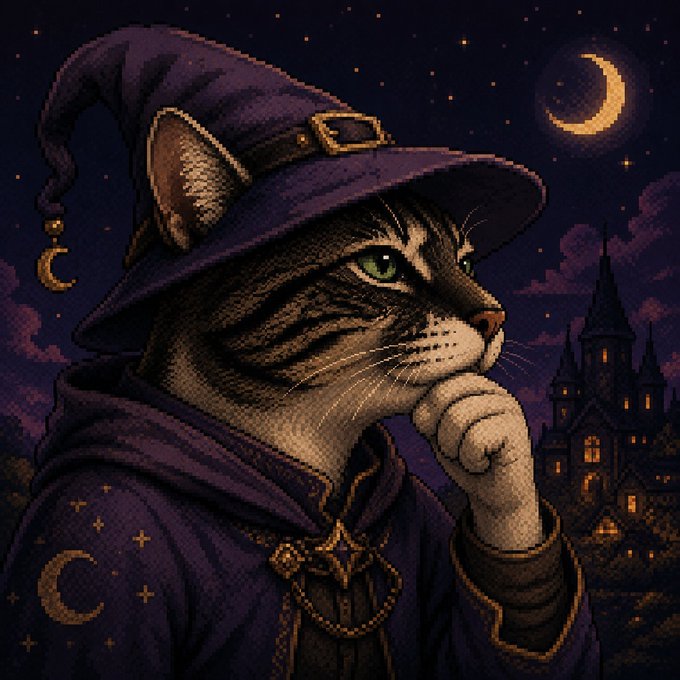 A pixel art style illustration of a tabby cat dressed as a wizard in a purple robe and hat with a crescent moon charm, gazing thoughtfully at a lit castle under a starry night sky with a crescent moon.