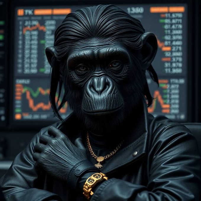 A detailed 3D render of a chimpanzee wearing a leather jacket, gold chain, and a yellow watch, sitting in front of a screen displaying stock market charts and numbers.