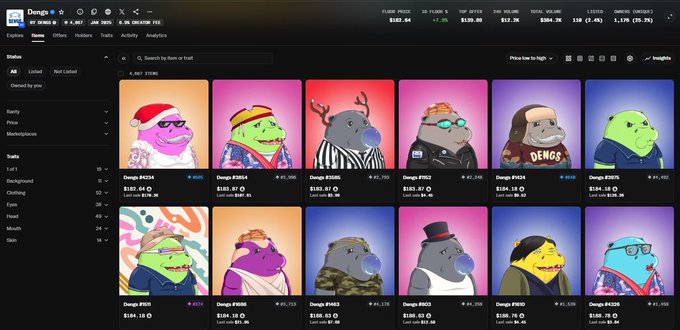 A screenshot of the Dexscreener website displaying a grid of various NFT token listings with different colorful cartoon character icons and price data.