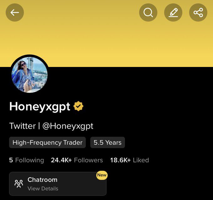 The image shows a TikTok-style profile page for "Honeyxgpt" (Twitter @Honeyxgpt), labeled as a "High-Frequency Trader" with 5.5 Years experience, 24.4K+ Followers, and 18.6K+ Likes. The profile promotes a paid Binance tipping scheme offering lifetime Telegram access for $10, leveraging the account's crypto-trading branding to attract followers.