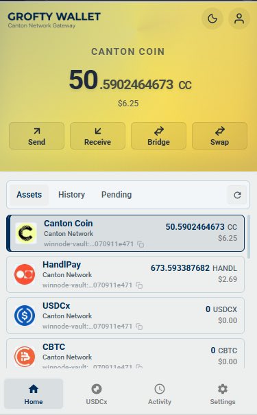 A screenshot of a Grofty Wallet app on the Canton Network showing a balance of 50.5902464673 Canton Coin (CC) valued at $6.25, with other assets including HandIPay, USDCx, and CBTC.