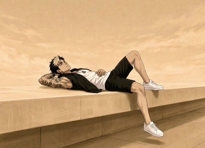 An illustrated scene of a young man with dark hair and tattoos on his arm lying on a stone ledge, wearing a black open shirt, white t-shirt, black shorts, and white sneakers, set against a sepia-toned sky.