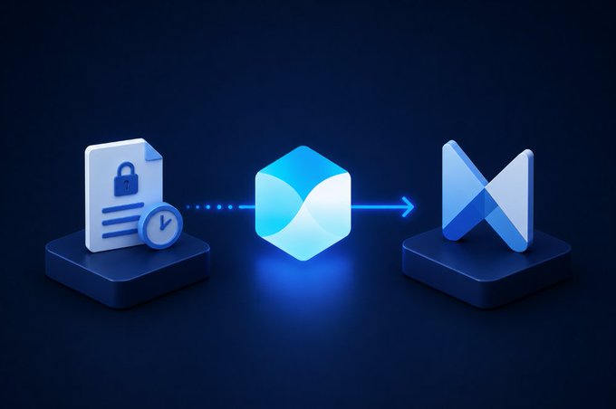 A 3D illustrated graphic shows a workflow diagram connecting a document icon to a blue cube and then to an arrow symbol, suggesting a data or automation process.