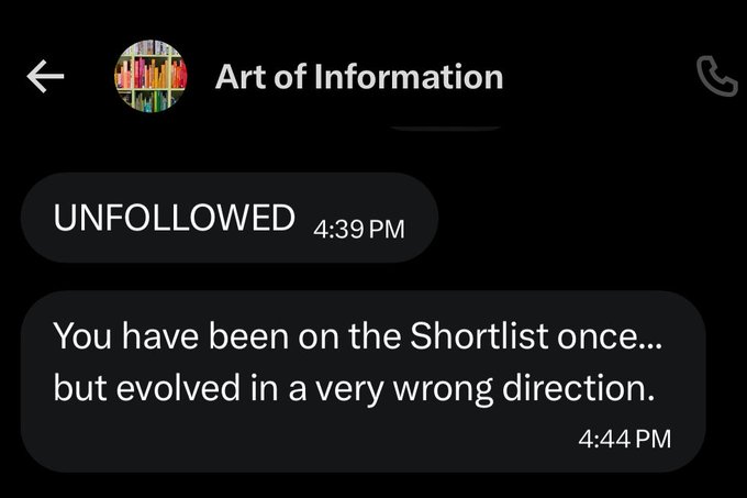A screenshot of a messaging conversation with a contact named "Art of Information" who sent an unprovoked cryptic message stating "You have been on the Shortlist once... but evolved in a very wrong direction," exemplifying the kind of unsolicited and manipulative outreach that allegedly comes from broken XRP Ripple bots.