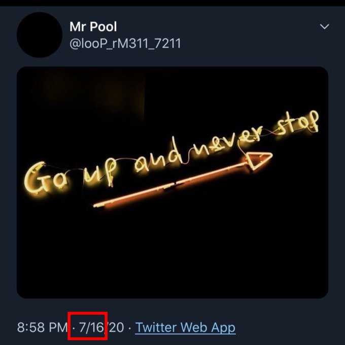 A Twitter/X post from user "Mr Pool" (@looP_rM311_7211) dated 7/16/20 shows a neon sign with handwritten yellow glowing letters spelling "Go up and never stop," accompanied by a red upward arrow, visually reinforcing the bullish message about the stock/crypto ticker going up indefinitely.
