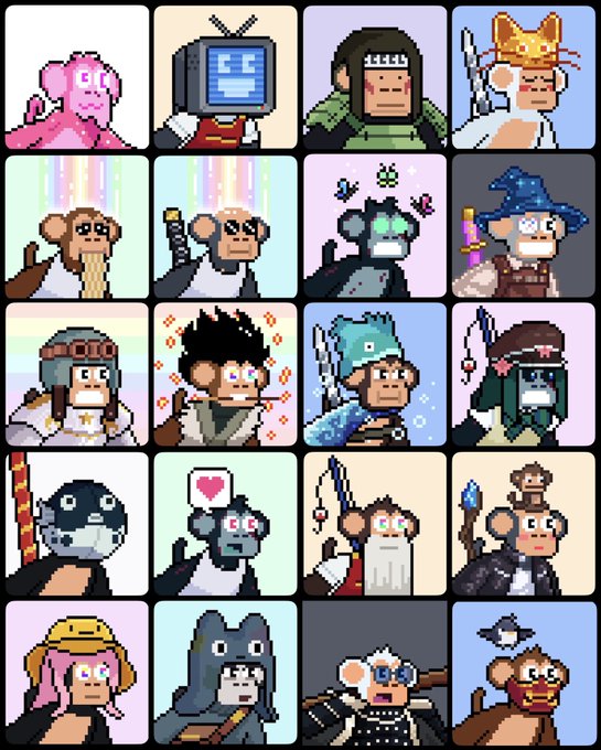 A 5x4 grid of pixel-art monkey characters in various costumes and characters, including a pink monkey, TV-headed monkey, wizard, knight, and other fantasy roles.
