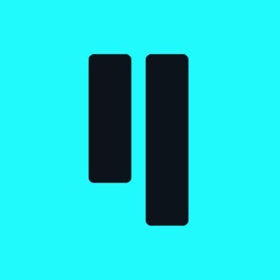A simple logo or icon featuring two dark vertical bars of unequal height on a bright cyan background.