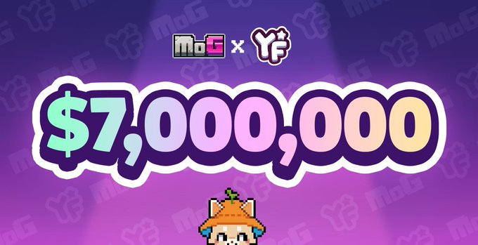 A promotional graphic featuring the logos "MoG x YF" above large pastel text reading "$7,000,000" with a pixel art character below on a purple background.