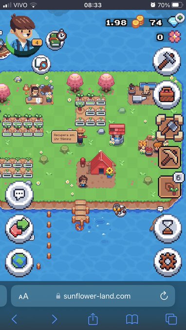 A mobile screenshot of the pixel-art farming game Sunflower Land (sunflower-land.com), showing crops, a farm layout, and game UI.