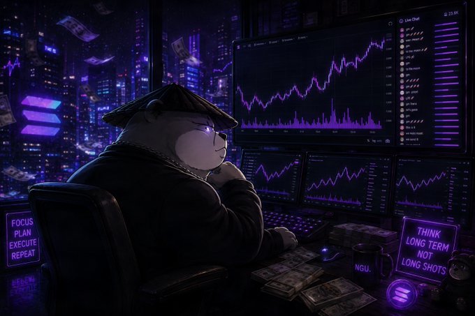 An illustrated meme of a bear wearing a flat cap and gold chain, sitting at a desk with multiple monitors displaying crypto charts and a Solana logo, with floating money and signs reading 'FOCUS PLAN EXECUTE REPEAT' and 'THINK LONG TERM NOT LONG SHOTS'.