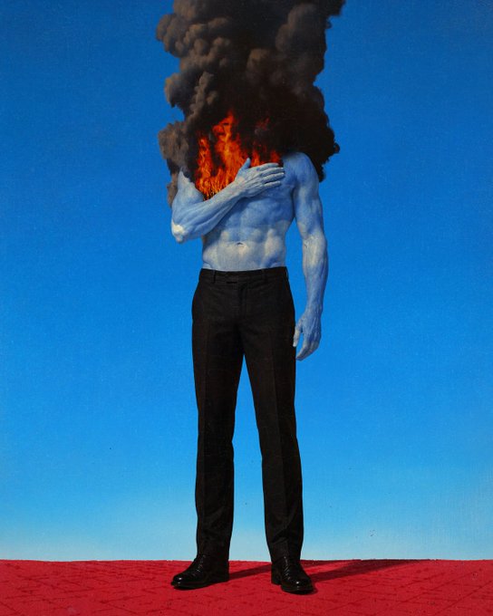 A surreal painting of a shirtless man in black pants standing on a red surface against a blue sky, with his head replaced by billowing black smoke and flames that he covers with his hand.