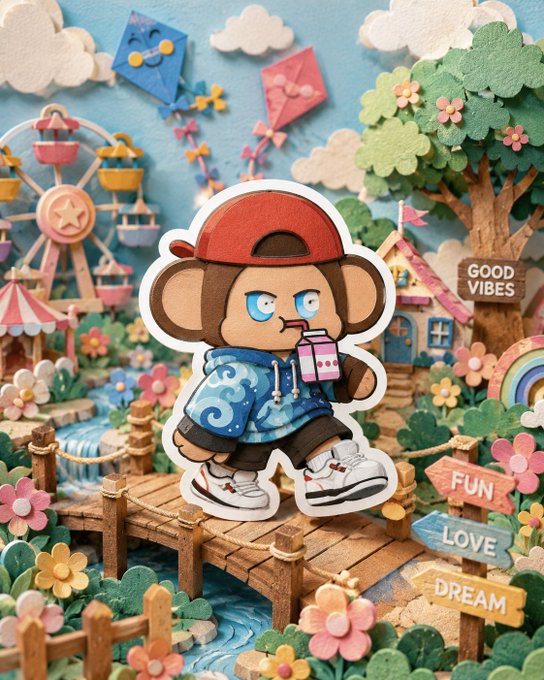A colorful sticker of a monkey character in a red cap and blue hoodie drinking boba tea, placed against a felt craft background with signs reading 'GOOD VIBES', 'FUN', 'LOVE', and 'DREAM'.