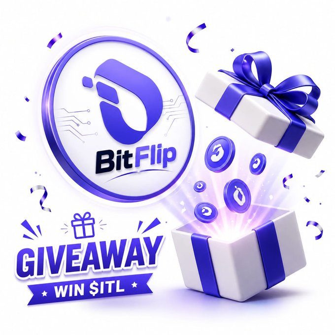 A promotional graphic for a BitFlip $ITL giveaway features the purple BitFlip logo alongside a white gift box with a purple ribbon bursting open to reveal floating coins, with bold text reading "GIVEAWAY - WIN $ITL" to advertise the contest offering 5 lucky winners 5 $ITL each.