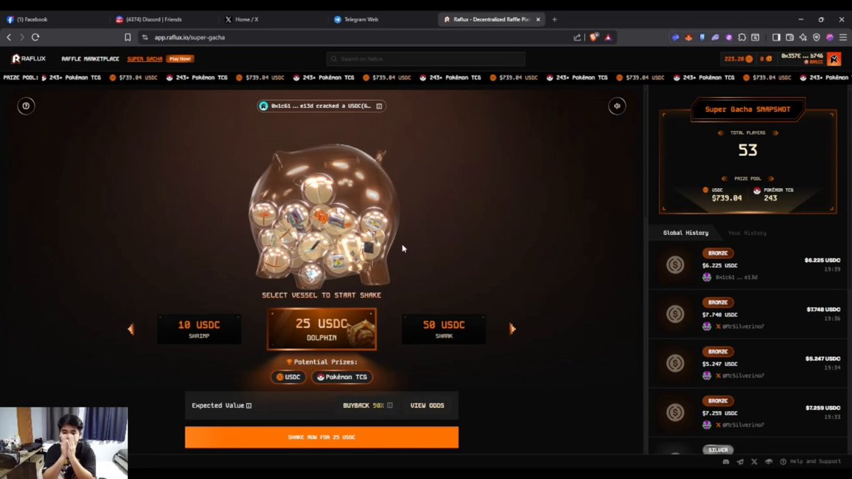 The image shows a person watching a live streaming stream of another player playing a Pokemon game, who is offering a prize for those interested to buy items from their online store using an e-cards. The user has already opened two items, one worth $25 in USDC and the other valued at $50 in USDC. This appears to be a popular event with multiple players participating and winning high value Pokémon rated slabs as they exchange them for prizes on the online store platform.