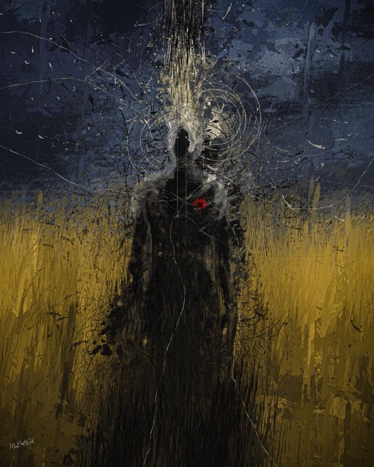 A dark, atmospheric digital illustration shows a shadowy, cloaked figure standing in a field of tall golden grass beneath a deep blue sky, with thin white geometric lines radiating around the figure's head.