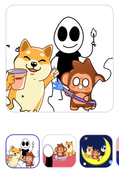 A cartoon-style sticker featuring a smiling Shiba Inu dog holding a cup alongside a ghost-like figure and a brown monkey character, with smaller variations shown below.
