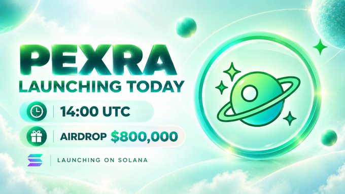 The image is a vibrant green promotional graphic announcing the launch of **$PEXRA** token on the Solana blockchain, featuring a stylized planet logo and key details: launching today at **14:00 UTC**, with an **$800,000 airdrop** available. It visually reinforces the accompanying post's call-to-action for users to claim a share of the airdrop by retweeting and following **@PexraFun**.