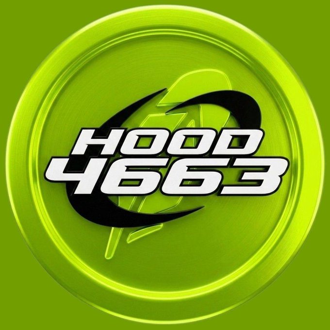 A bright green circular graphic with a metallic rim, featuring a black logo and the stylized white text 'HOOD 4563.'