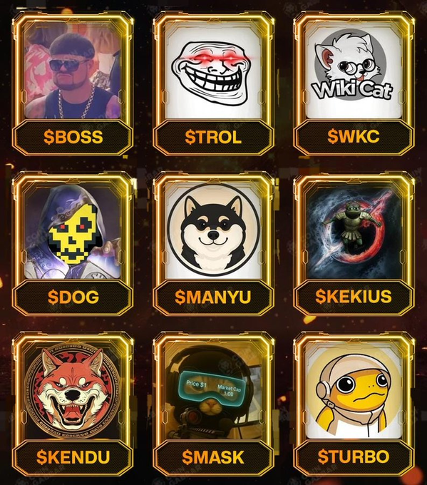 The image features a grid of nine different faces, each with their own unique style or design. These faces are displayed against a black background, making them stand out prominently. The faces include various cartoon-like designs such as a dog, a mask, and other characters. The caption at the bottom of the image provides information about the faces, asking viewers to choose which one they would like to load up on or pick from among the options provided.
 
The post is titled "Which #memecoin is your pick? Which one'S your favorite pick? Which one are you loading up on?" The post seems to be promoting a collection of faces, possibly for an online store or social media account.