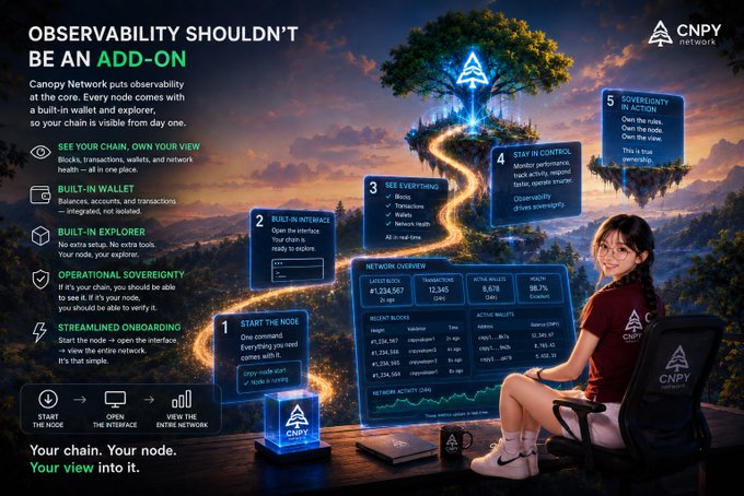 The image is a promotional graphic for Canopy Network (CNPY Network) that visually illustrates the five-step setup process of their node observability features—starting the node, building an interface, seeing everything, staying in control, and achieving sovereignty in action—presented through a fantasy-themed mountain landscape with a young woman seated at a glowing interface displaying network metrics like a 7-latency, 5.38 block height, and 88.71% uptime. The headline "OBSERVABILITY SHOULDN'T BE AN ADD-ON" reinforces the post's message about CNPY Network's built-in monitoring tools giving validators immediate visibility into their chains without needing extra setup.