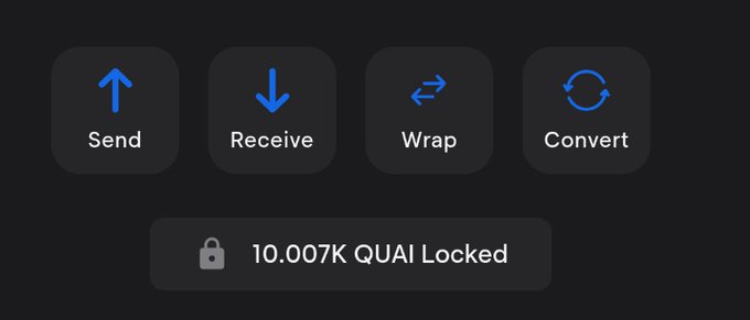 A dark UI screen showing four buttons labeled 'Send', 'Receive', 'Wrap', and 'Convert', with '10.007K QUAI Locked' displayed below.