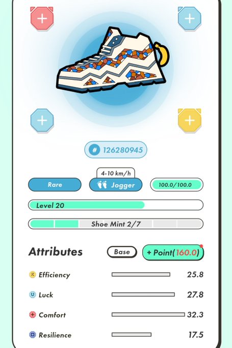 A game interface screen displaying a Rare level 20 Jogger sneaker NFT with attributes including Efficiency 25.8, Luck 27.8, Comfort 32.3, and Resilience 17.5.