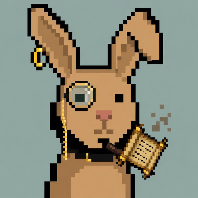 A pixel art image of a brown rabbit wearing a monocle, smoking a pipe, and holding a book, styled in a dapper, sophisticated manner. This matches the post about "RARBIT SCROLIS," likely an NFT collection launching on OpenSea through Robinhood App, with the rabbit character serving as the project's mascot or profile picture.
