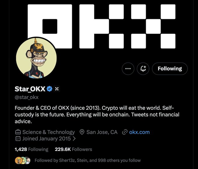 The image features a black background with white text, including a logo for StarOKX and a caption about the CEO's status as a bored ape. The caption reads "So wait @star_okx The CEO of @okx is a @BoredApeYC". This information is relevant to the post because it provides context about the CEO's current situation or mood, which can be related to the content of the post itself.