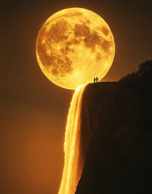 Two silhouetted figures stand on the edge of a cliff beside a glowing golden full moon, watching as a luminous stream of molten light pours over the precipice like a waterfall of fire.