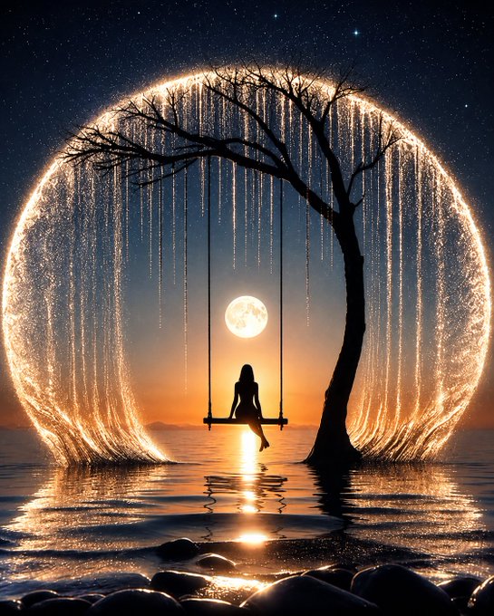 A silhouetted woman sits on a swing hanging from a tree, framed by a glowing crescent of cascading golden lights against a starry night sky with a full moon.